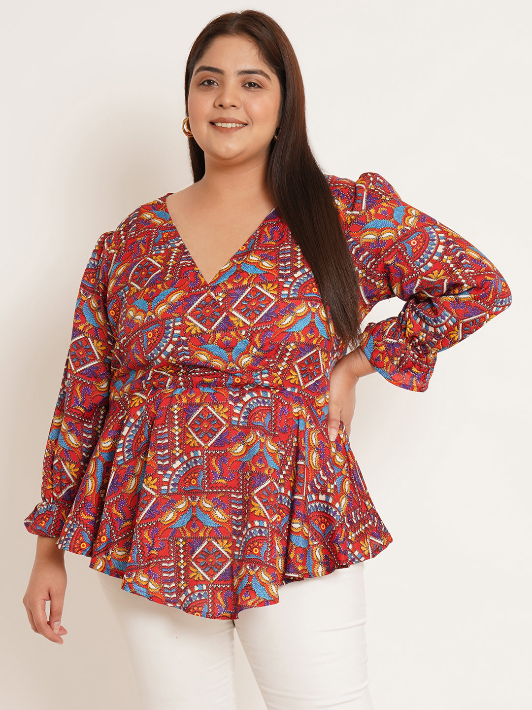 Women Plus Size Geometric Printed Wrap Top