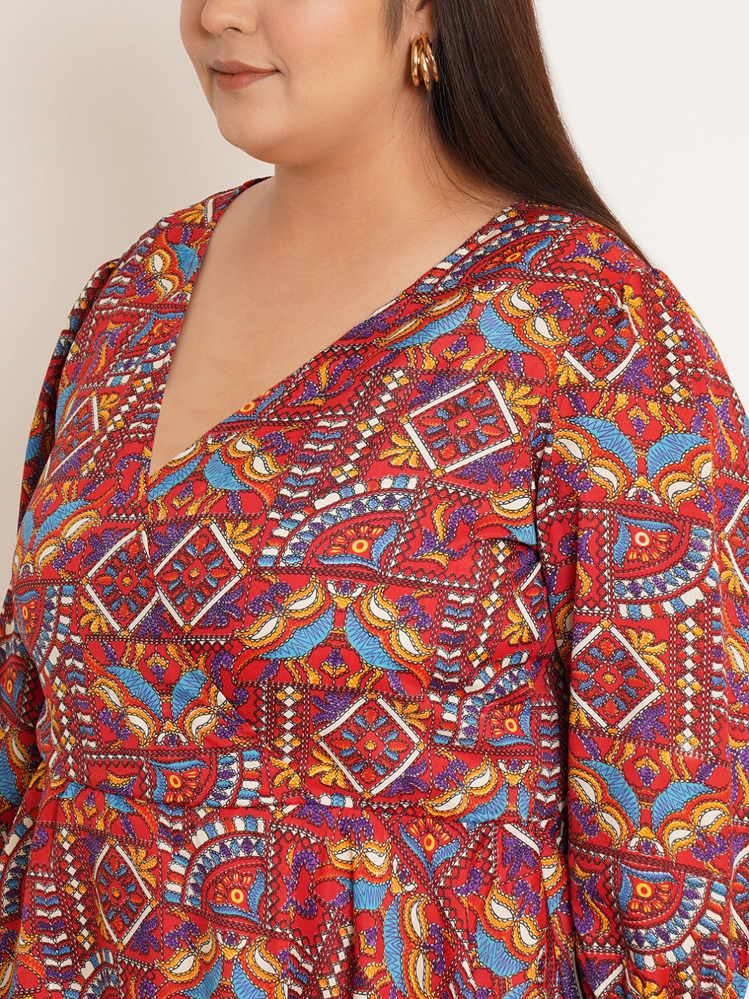 Women Plus Size Geometric Printed Wrap Top