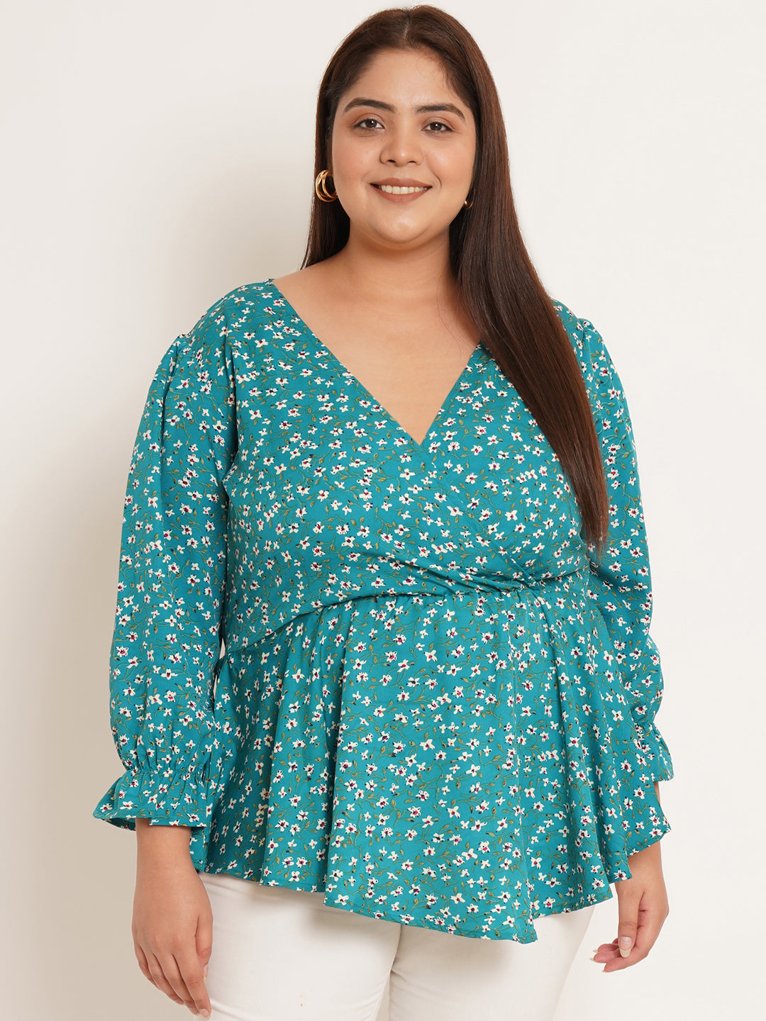 Women Plus Size Floral Printed Wrap Top