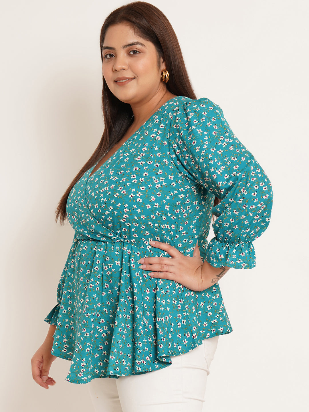 Women Plus Size Floral Printed Wrap Top