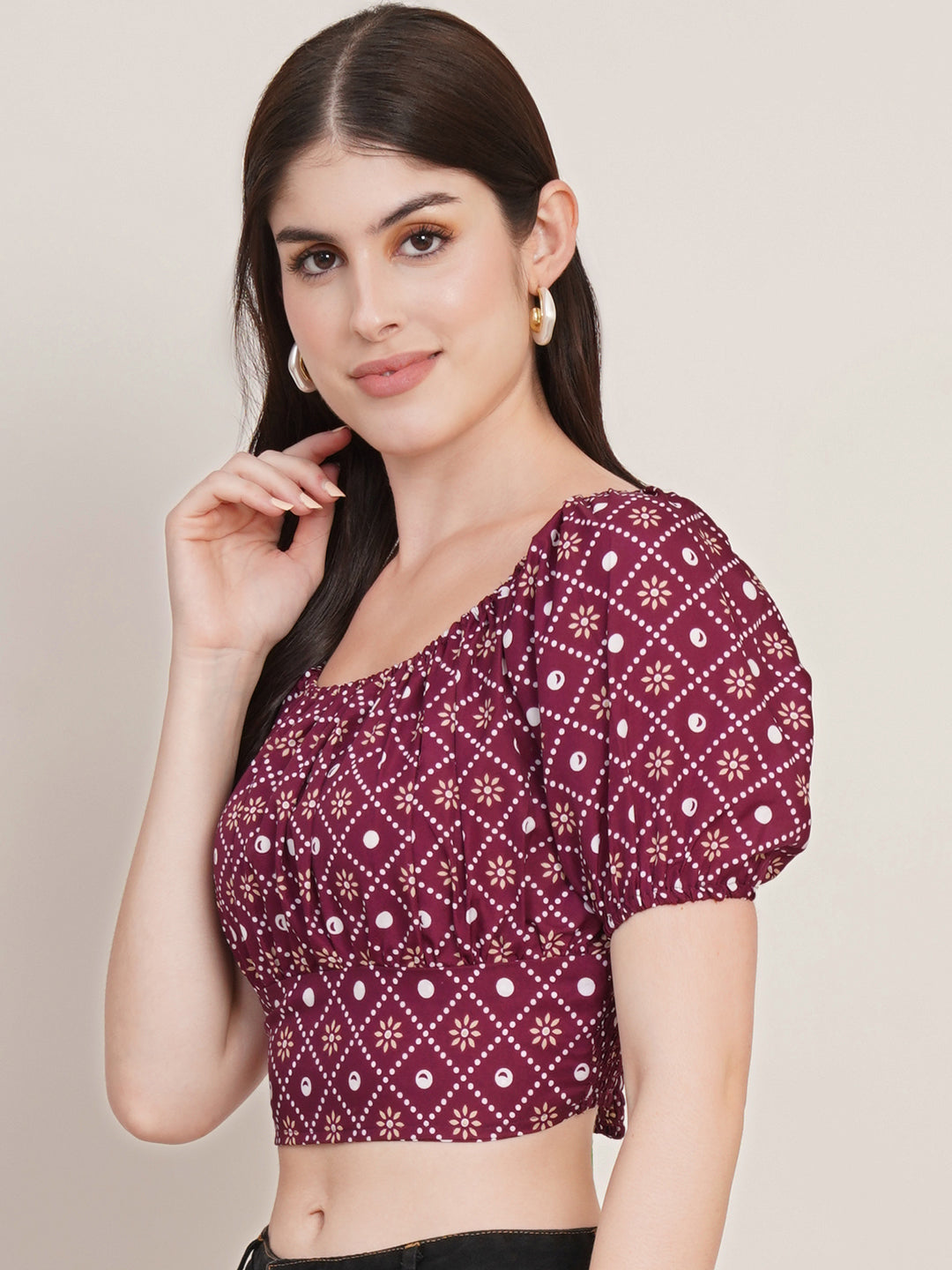 Women Burgundy Ethnic Printed Scoop Neck Puff Sleeves Gathered Casual Crop Top