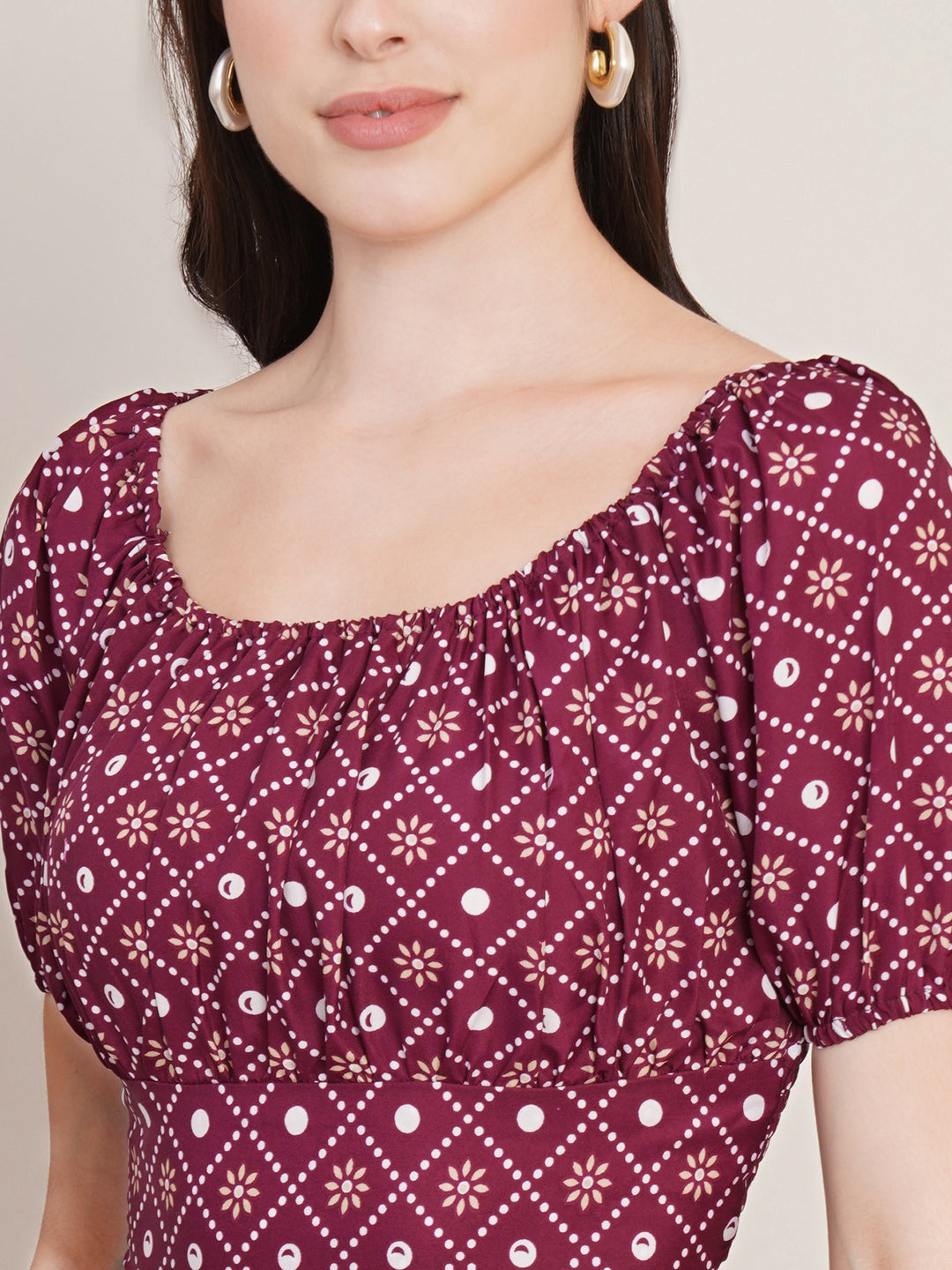 Women Burgundy Ethnic Printed Scoop Neck Puff Sleeves Gathered Casual Crop Top