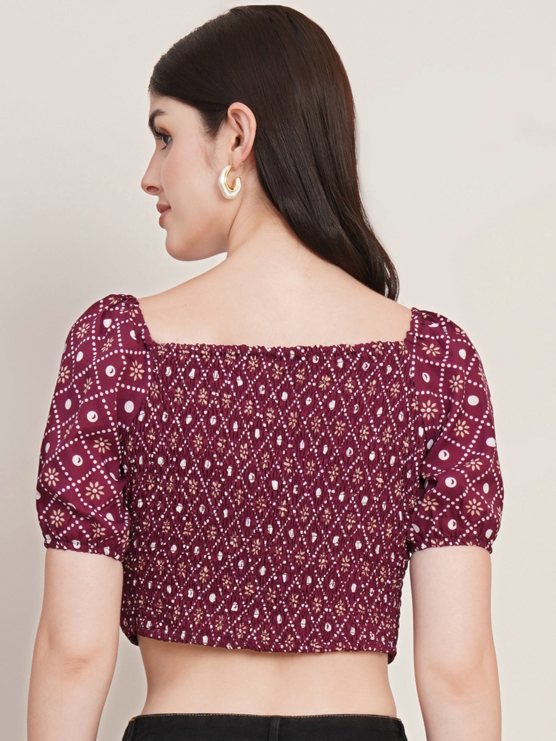 Women Burgundy Ethnic Printed Scoop Neck Puff Sleeves Gathered Casual Crop Top