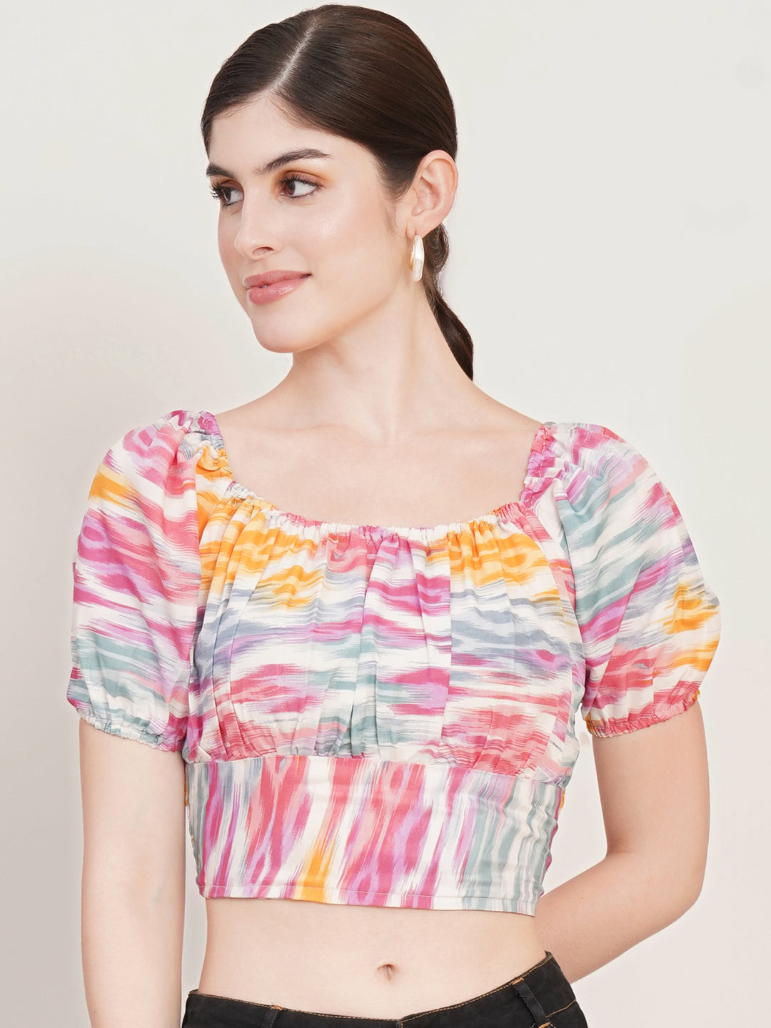 Women White Abstract Printed Square Neck Puffed Sleeves Smocked Fitted Crop Top