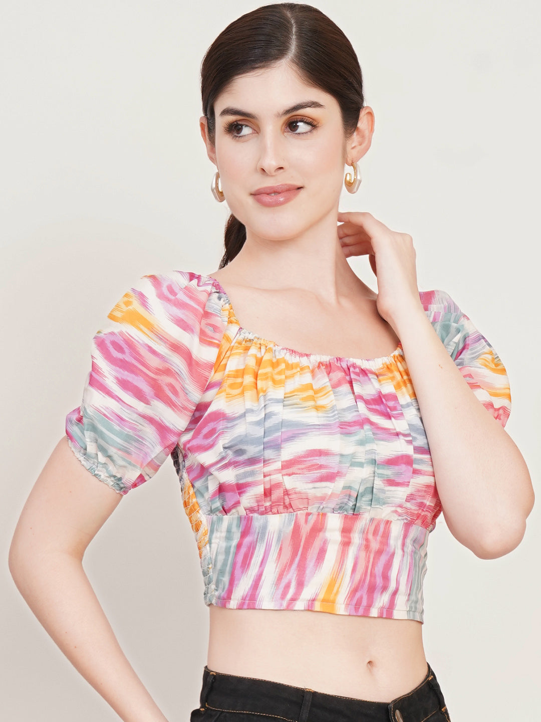 Women White Abstract Printed Square Neck Puffed Sleeves Smocked Fitted Crop Top