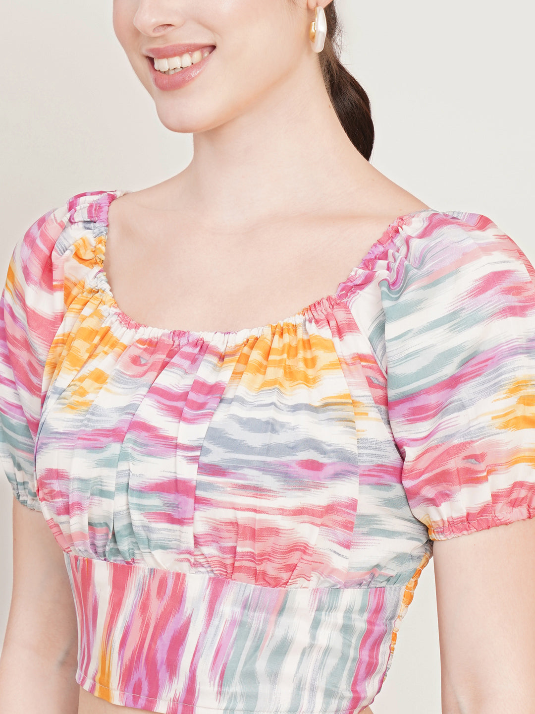 Women White Abstract Printed Square Neck Puffed Sleeves Smocked Fitted Crop Top