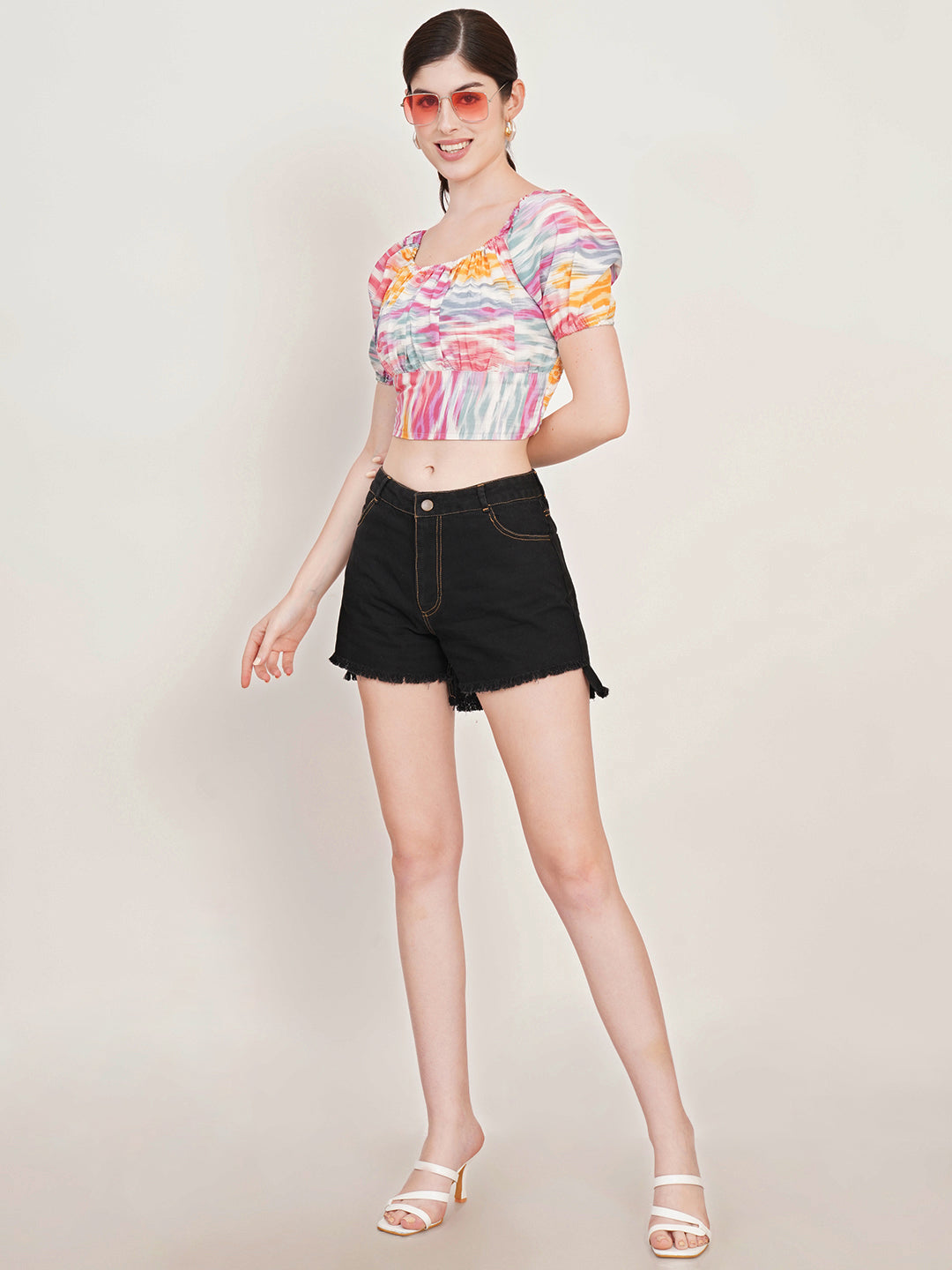 Women White Abstract Printed Square Neck Puffed Sleeves Smocked Fitted Crop Top