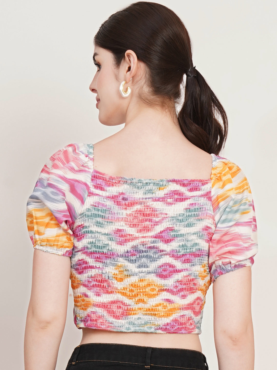 Women White Abstract Printed Square Neck Puffed Sleeves Smocked Fitted Crop Top