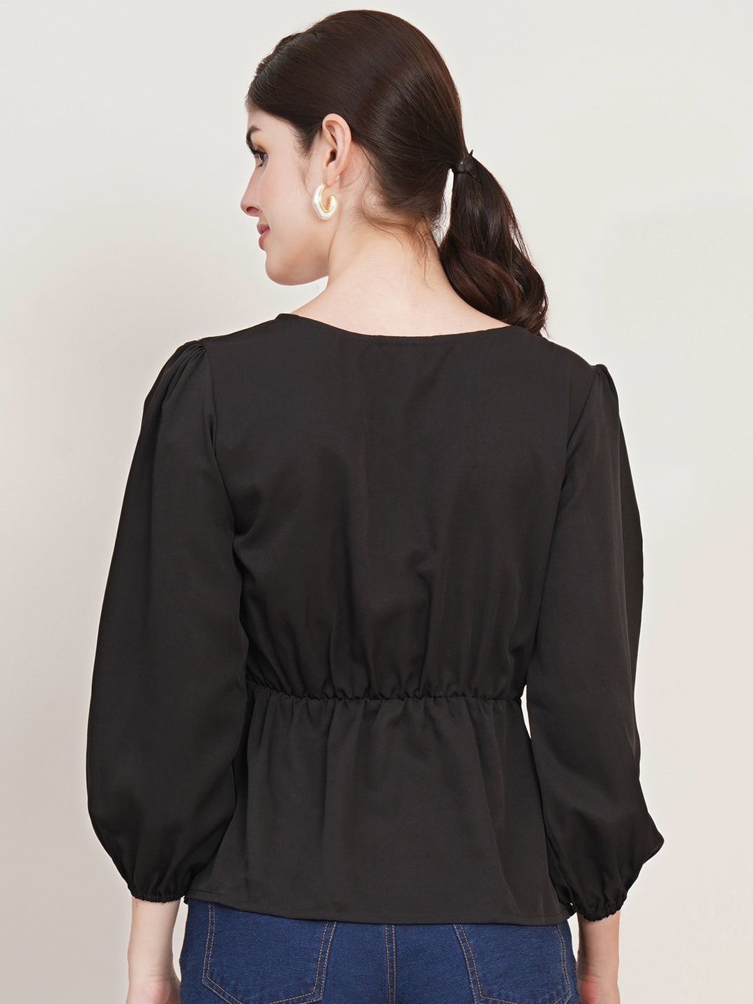 Women Black V-Neck Puff Sleeve Crepe Top