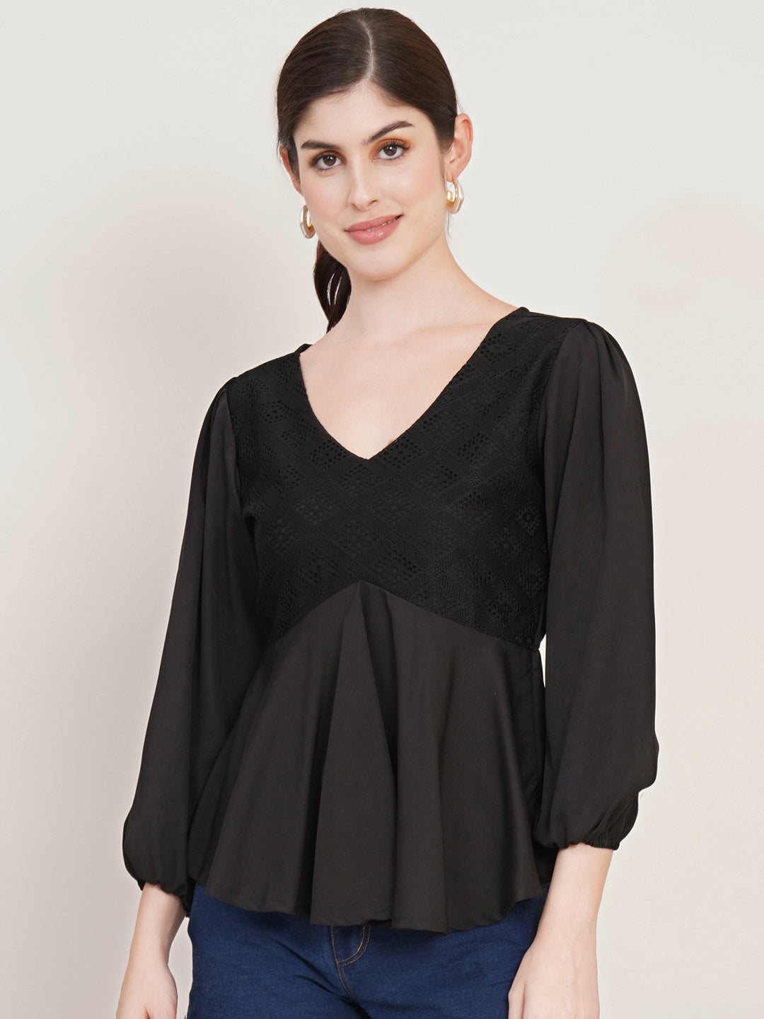 Women Black V-Neck Puff Sleeve Crepe Top