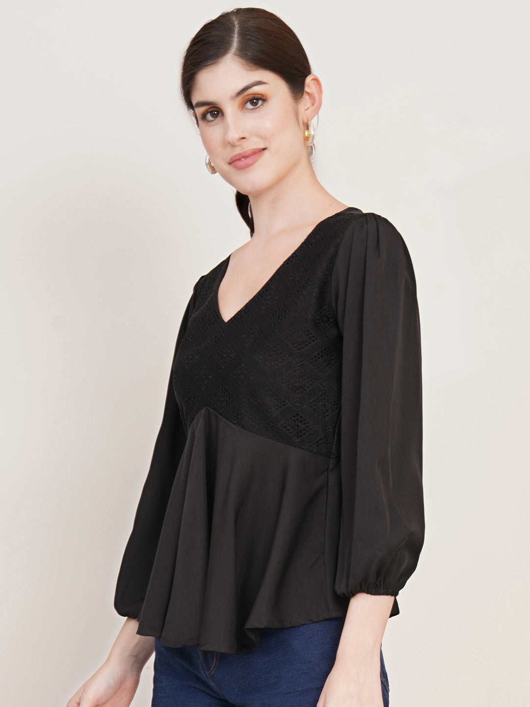 Women Black V-Neck Puff Sleeve Crepe Top