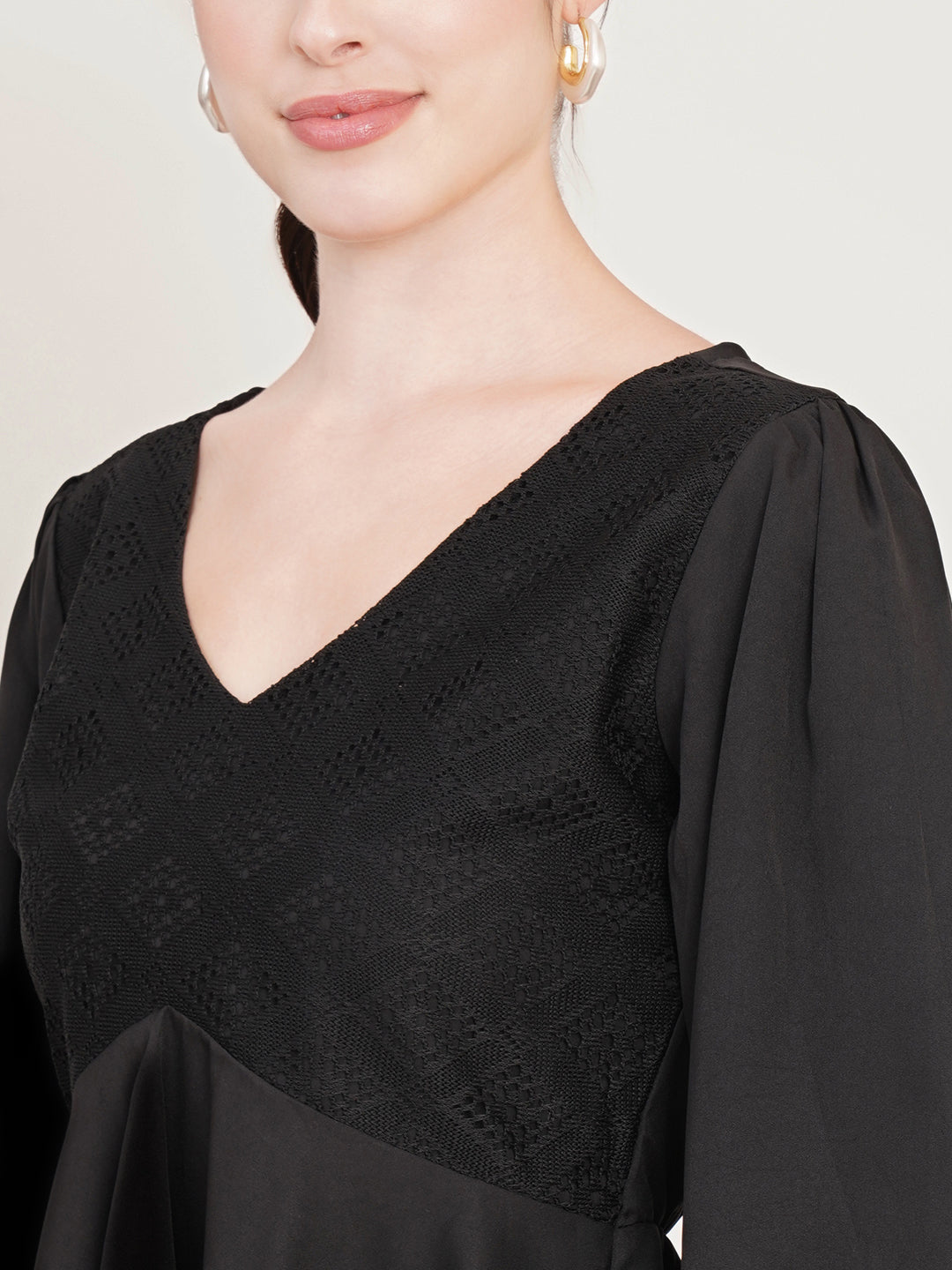 Women Black V-Neck Puff Sleeve Crepe Top