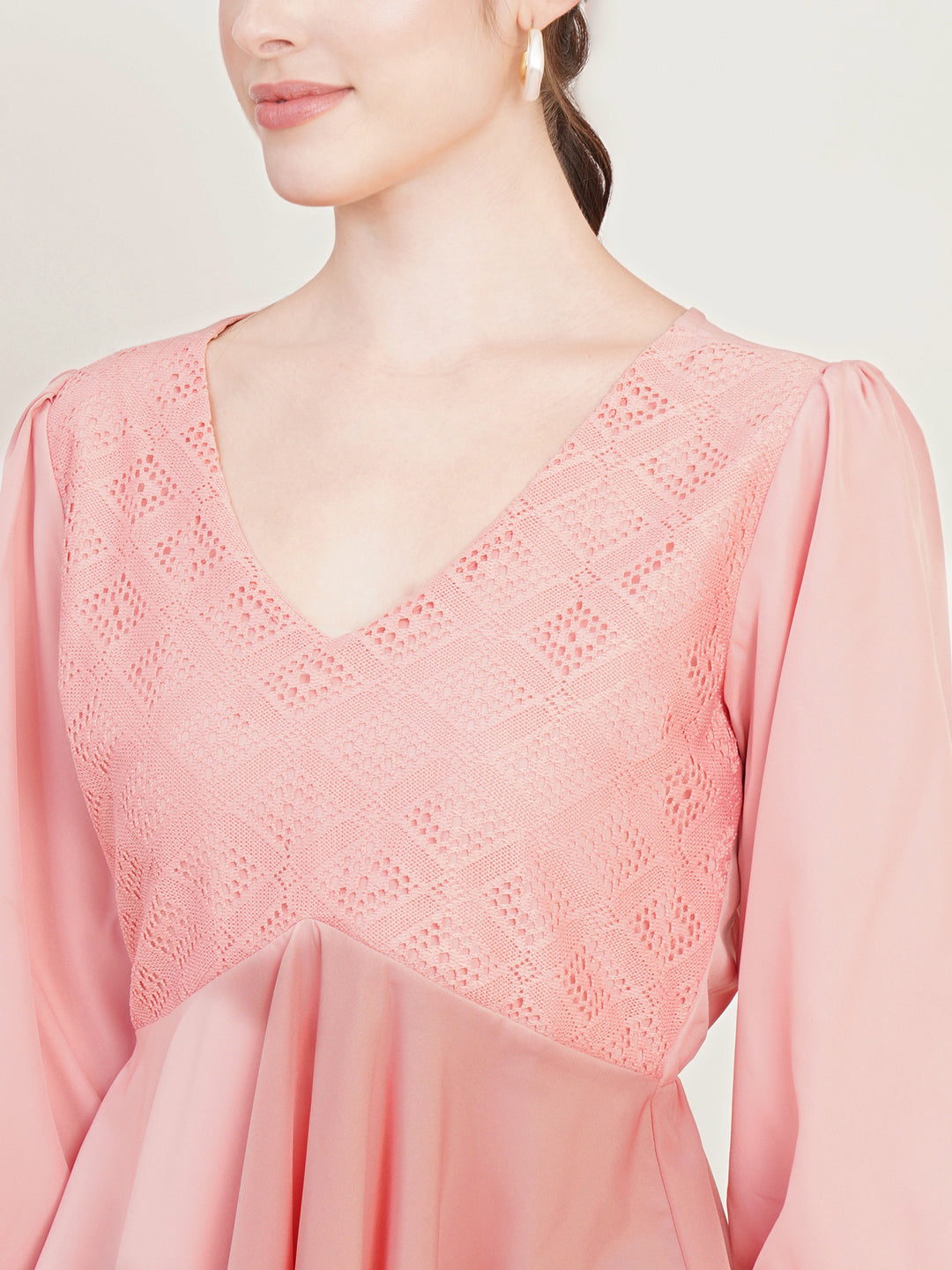 Women Pink Self Design Puffed Sleeves Empire Top