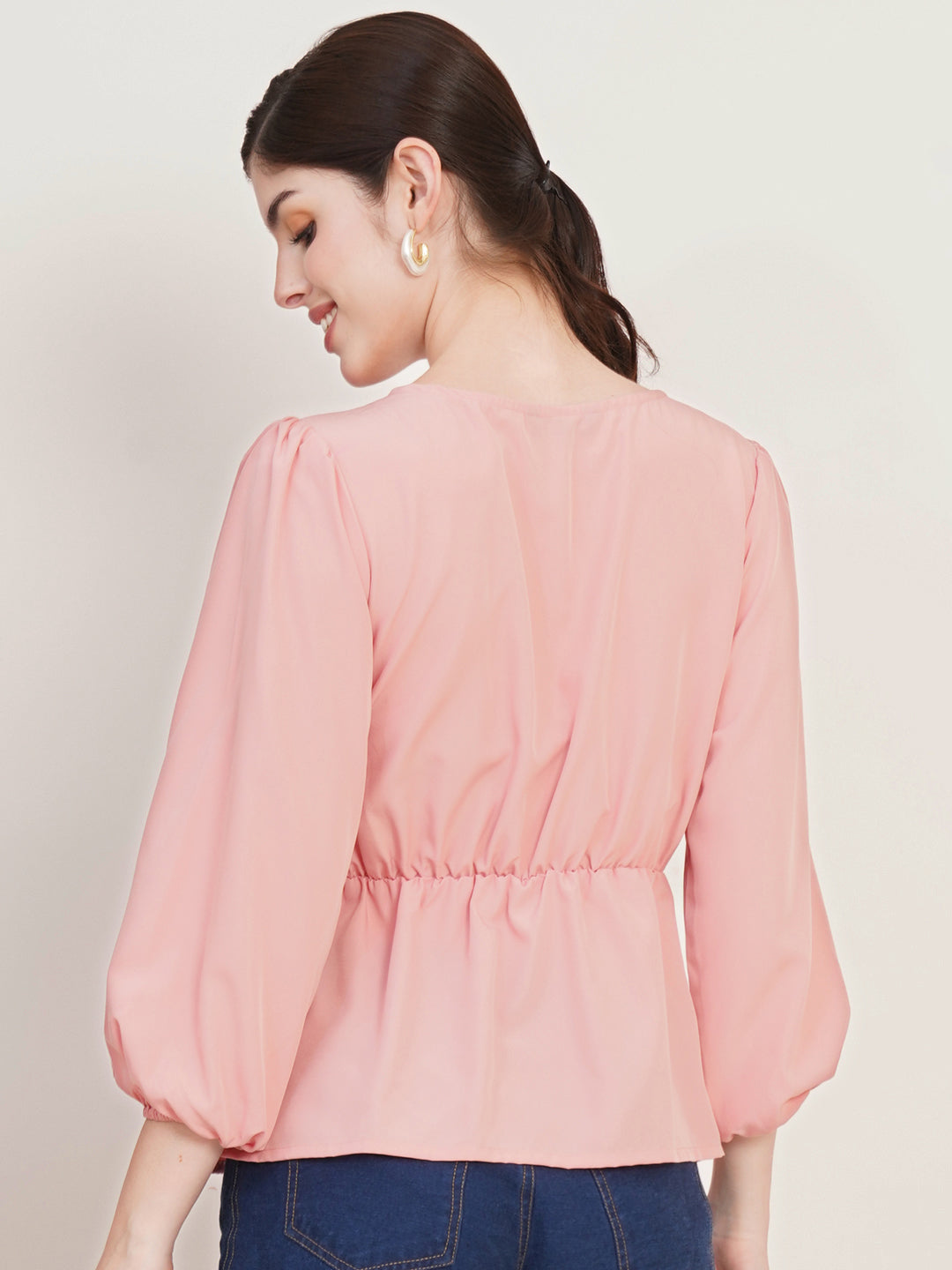 Women Pink Self Design Puffed Sleeves Empire Top