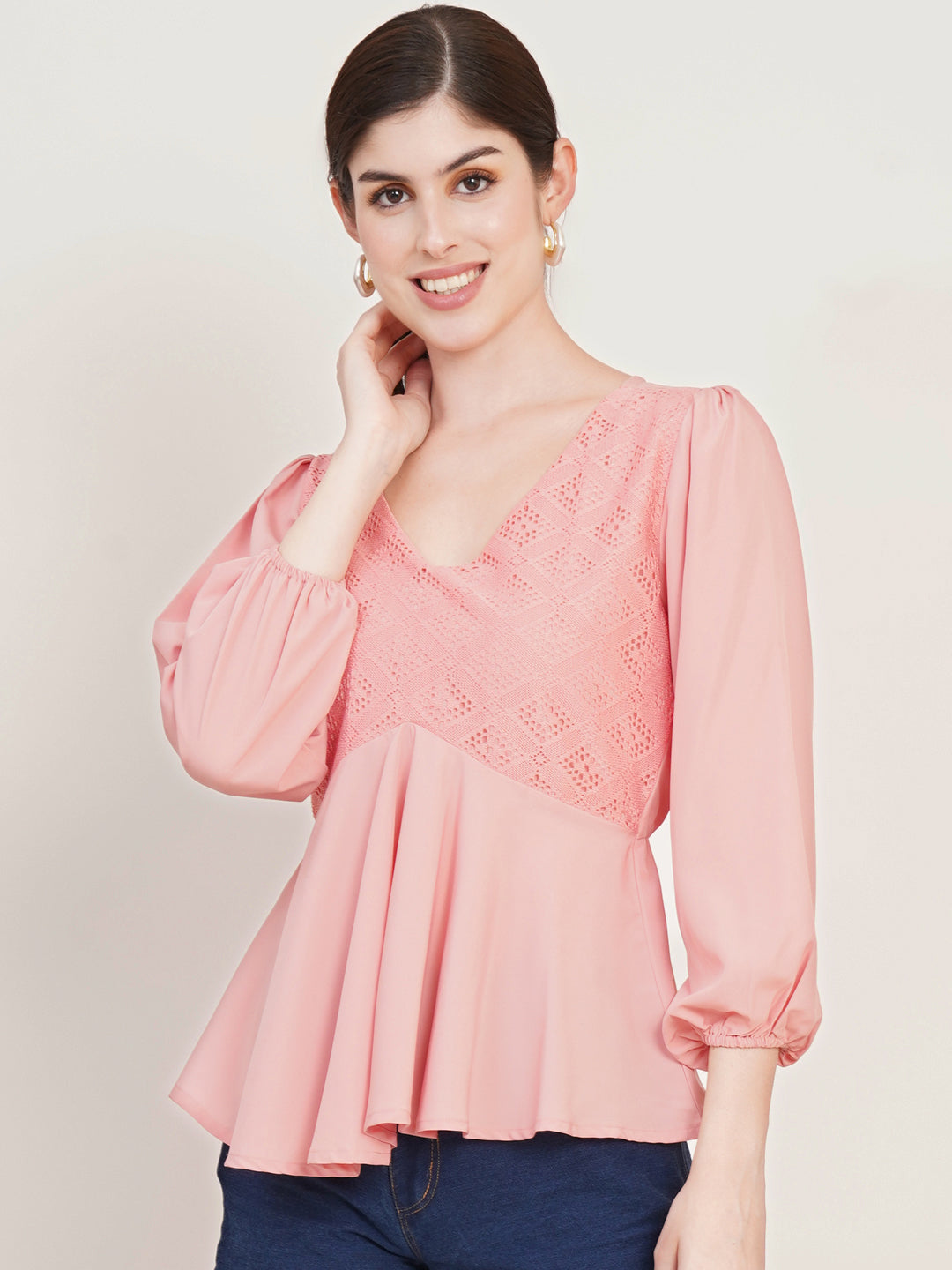 Women Pink Self Design Puffed Sleeves Empire Top