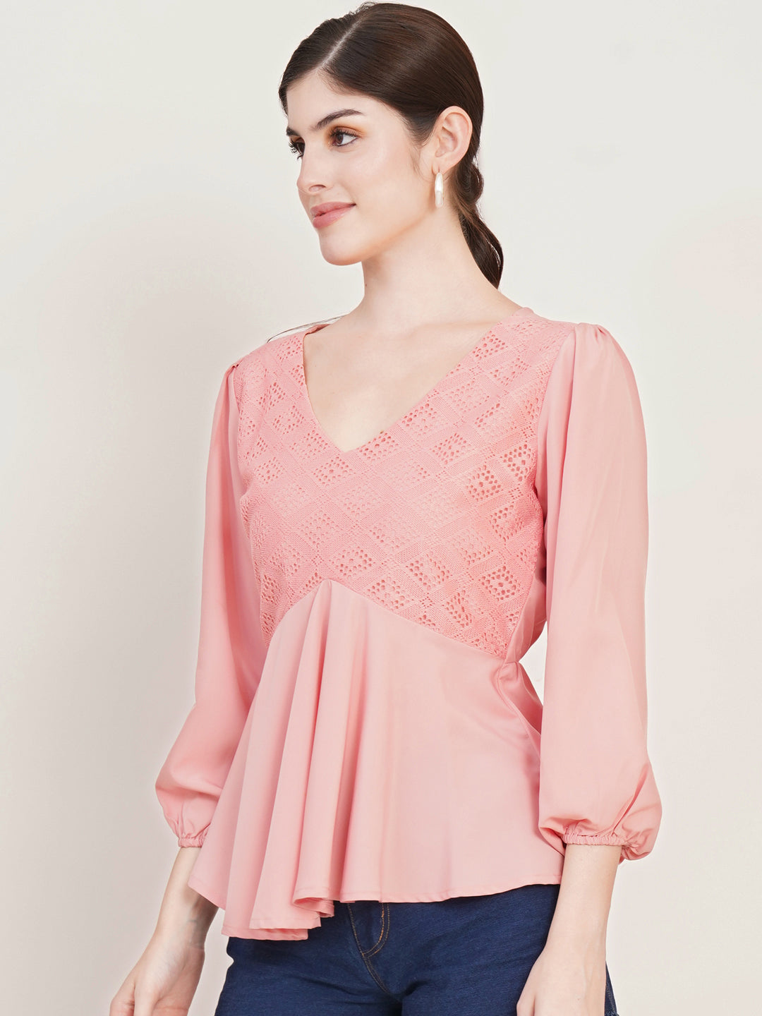 Women Pink Self Design Puffed Sleeves Empire Top