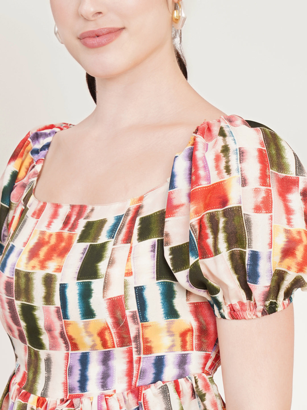 Women Cream-Coloured Abstract Printed Square Neck Puffed Sleeves Smocked Peplum Top