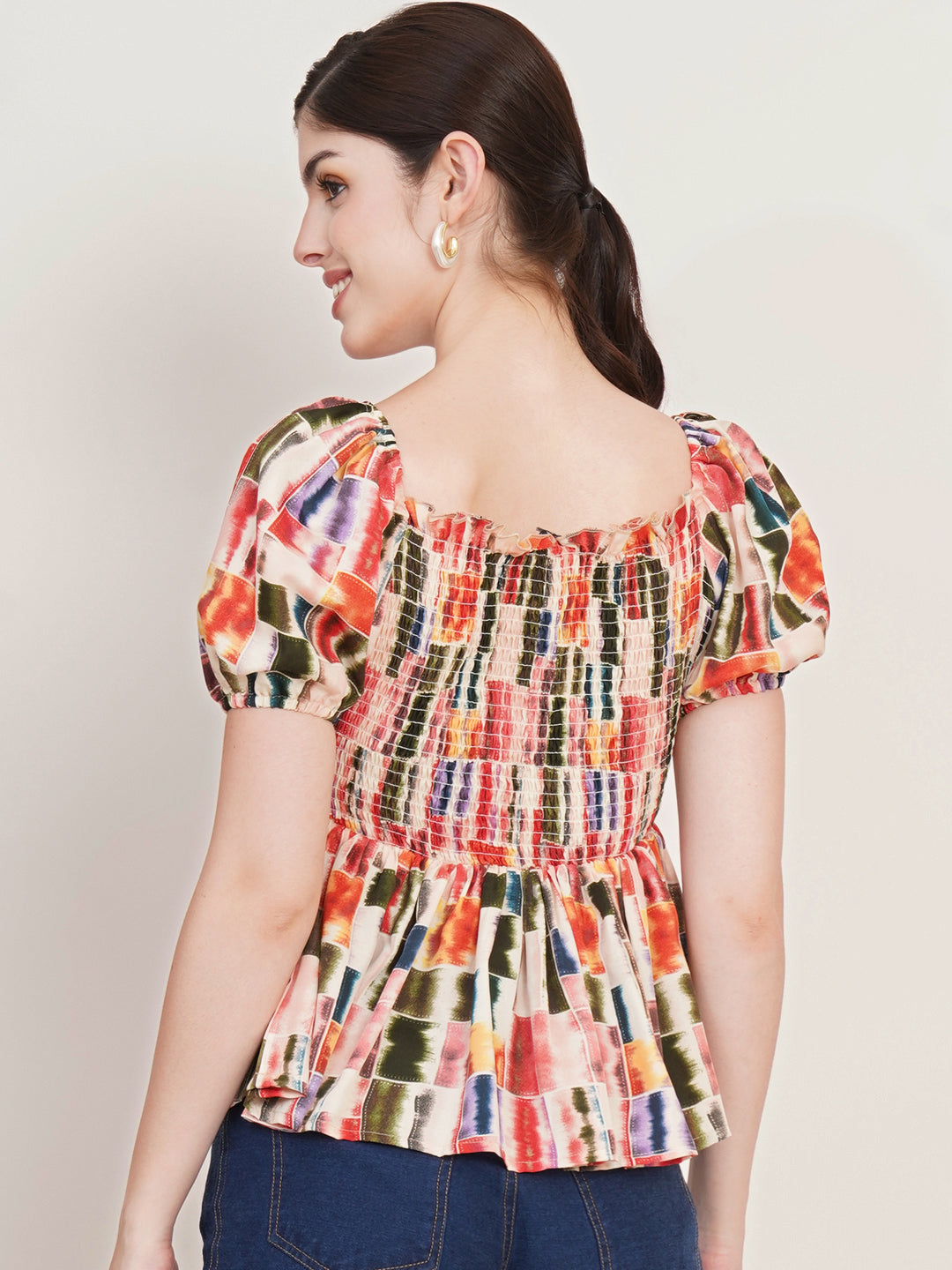 Women Cream-Coloured Abstract Printed Square Neck Puffed Sleeves Smocked Peplum Top