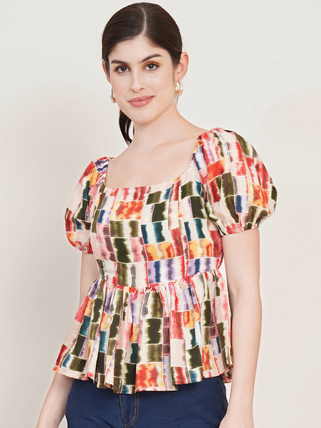 Women Cream-Coloured Abstract Printed Square Neck Puffed Sleeves Smocked Peplum Top