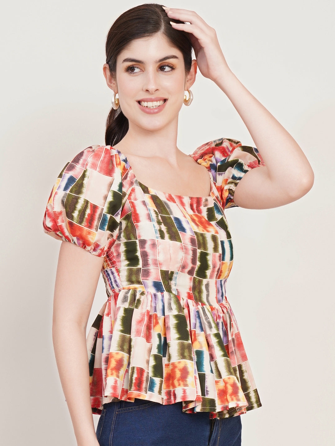 Women Cream-Coloured Abstract Printed Square Neck Puffed Sleeves Smocked Peplum Top