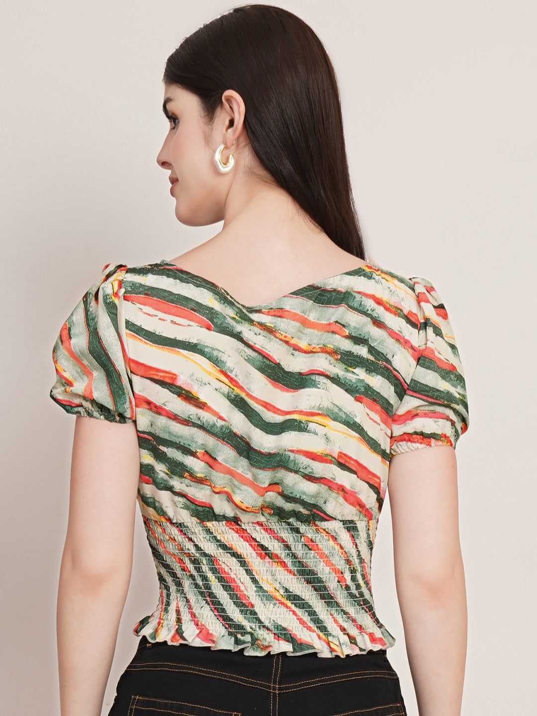 Women Green & Red Abstract Printed Puffed Sleeves Smocked Fitted Top