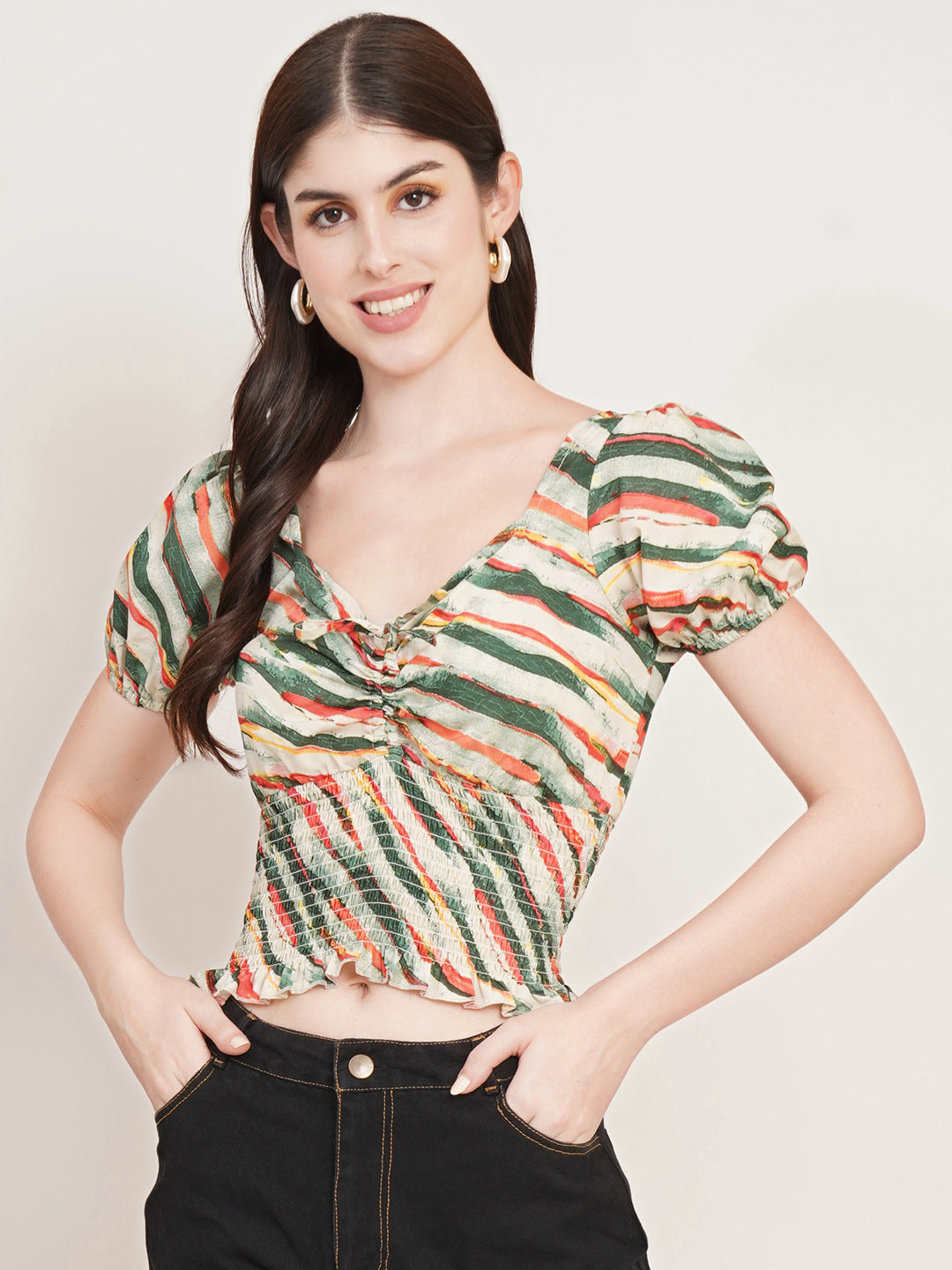 Women Green & Red Abstract Printed Puffed Sleeves Smocked Fitted Top