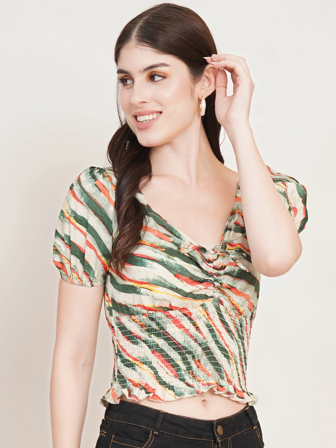 Women Green & Red Abstract Printed Puffed Sleeves Smocked Fitted Top