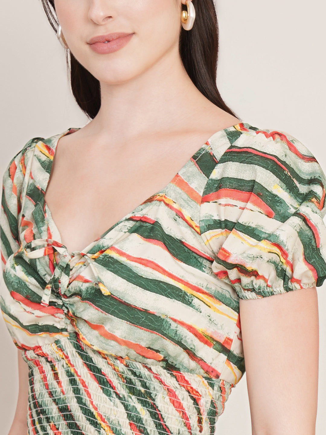 Women Green & Red Abstract Printed Puffed Sleeves Smocked Fitted Top