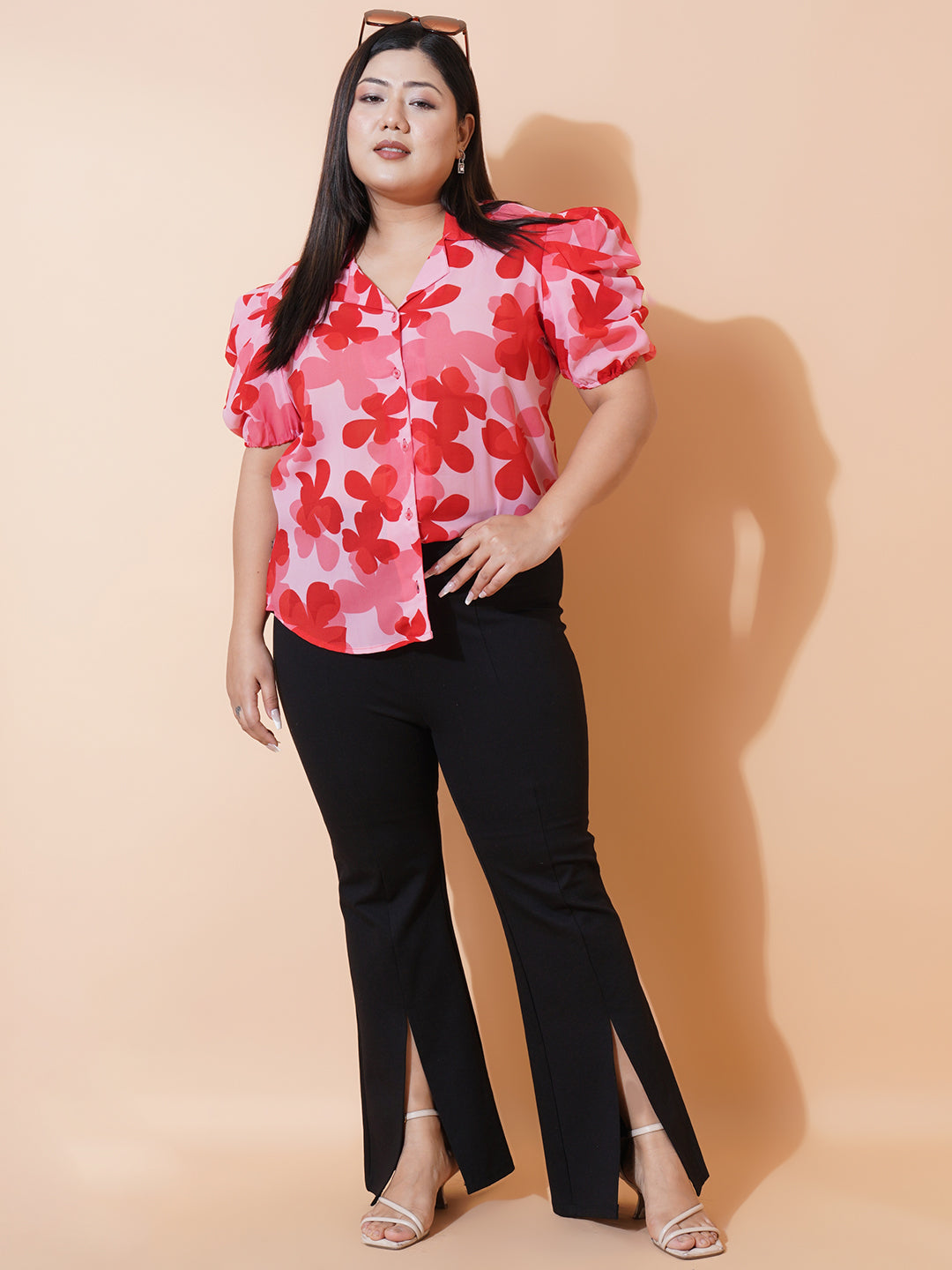 U&F Beyond Women Plus Size Red Floral Georgette Shirt Style Top