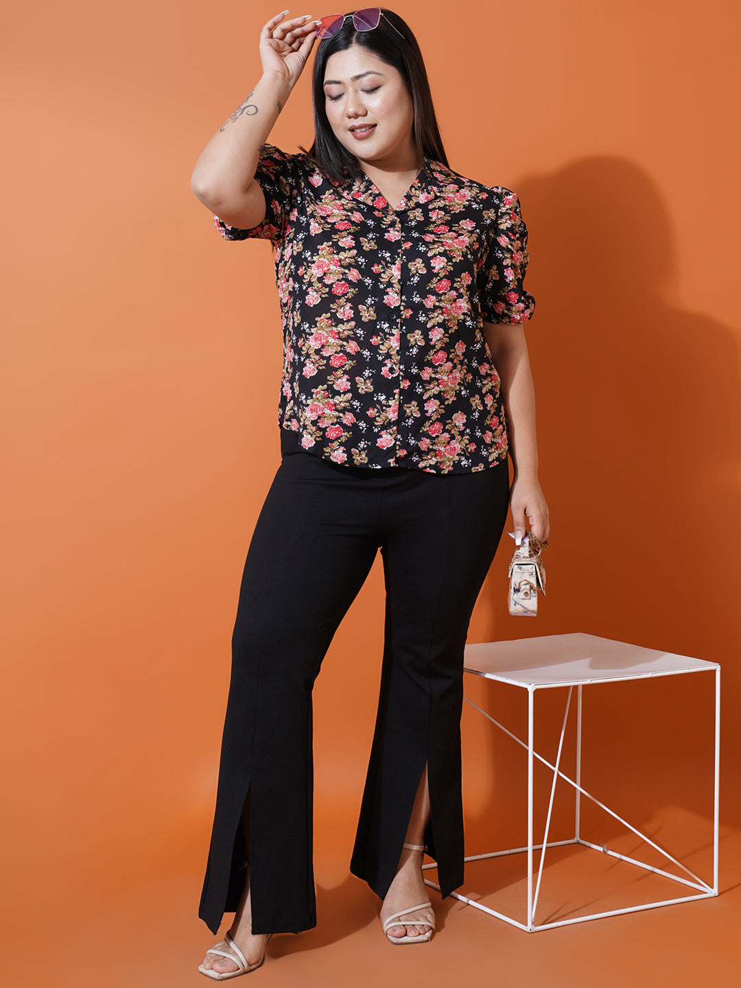 Women Plus Size Black Floral Georgette Shirt Style Top