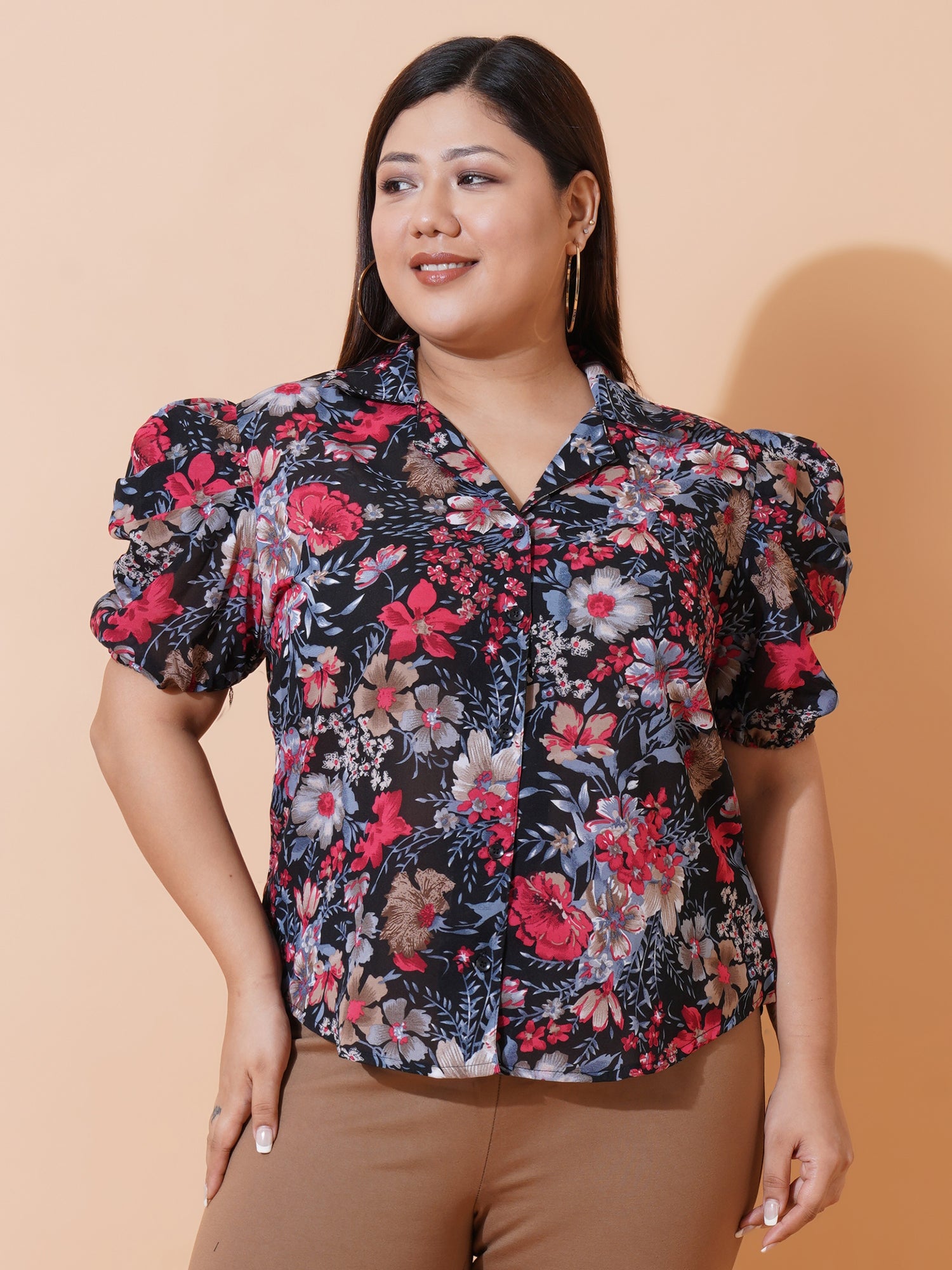 Women Plus Size Relaxed Floral Opaque Printed Casual Shirt