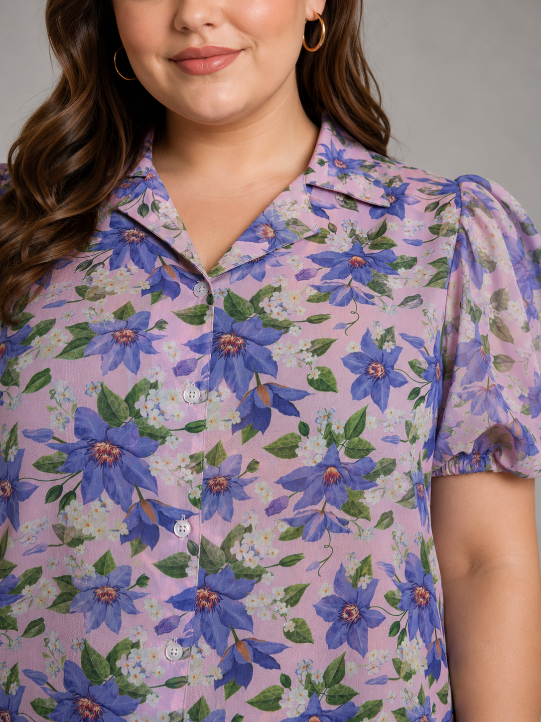U&F Beyond Lavender Floral Printed Puff Sleeve Plus Size Top