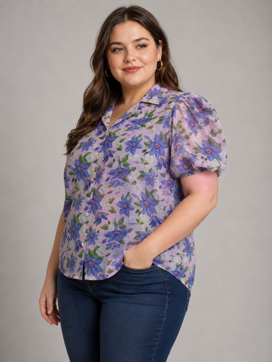 U&F Beyond Lavender Floral Printed Puff Sleeve Plus Size Top