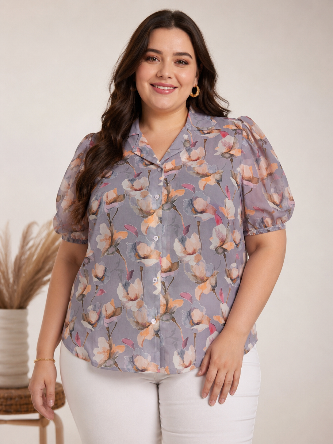U&F Beyond Grey Floral Printed Puff Sleeve Plus Size Top