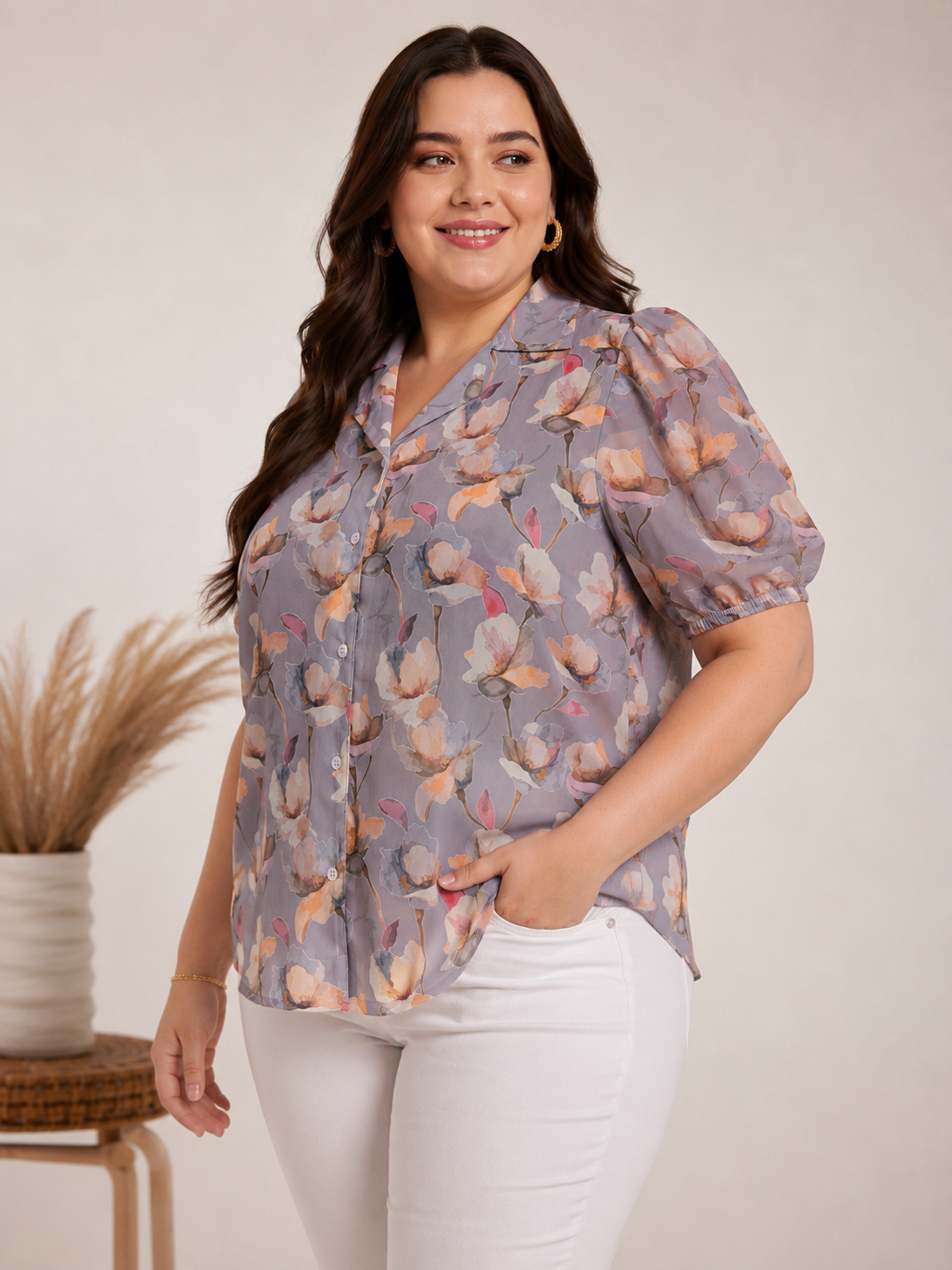 U&F Beyond Grey Floral Printed Puff Sleeve Plus Size Top