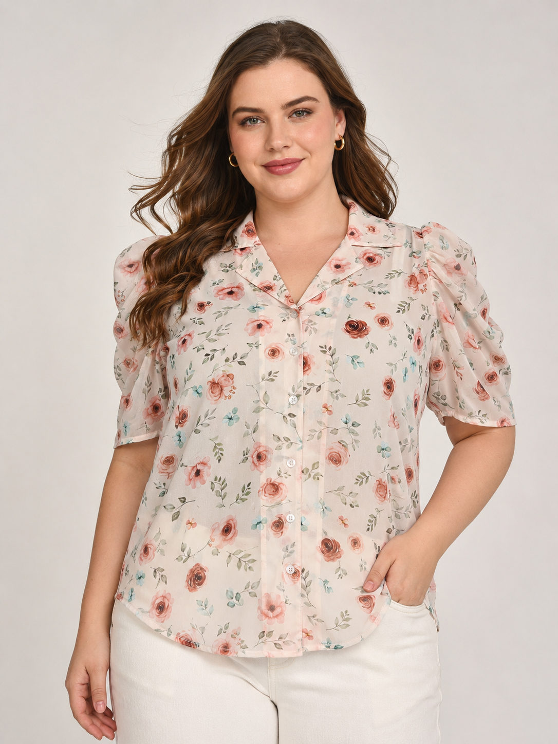 U&F Beyond Cream Floral Printed Puff Sleeve Plus Size Top
