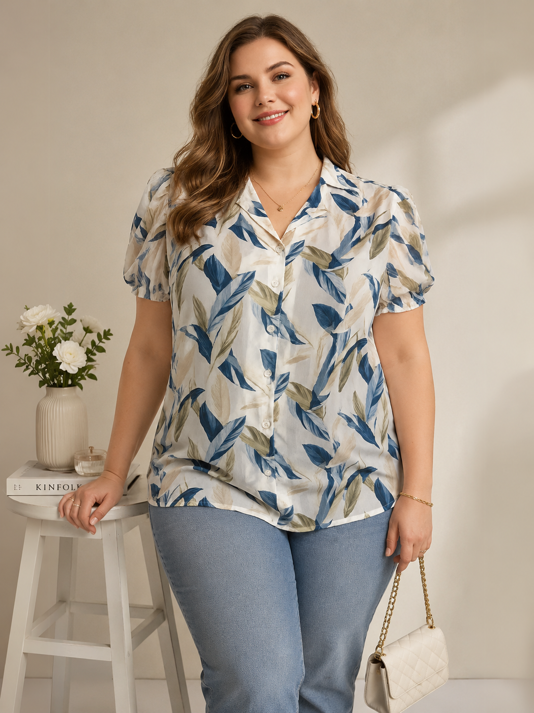 U&F Beyond White & Blue Leaf Printed Puff Sleeve Plus Size Top