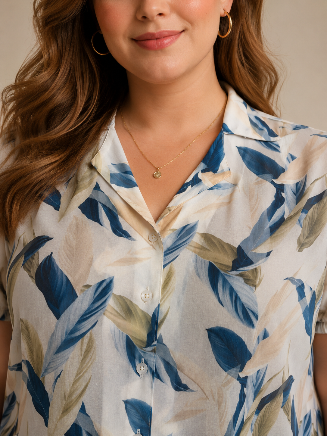 U&F Beyond White & Blue Leaf Printed Puff Sleeve Plus Size Top