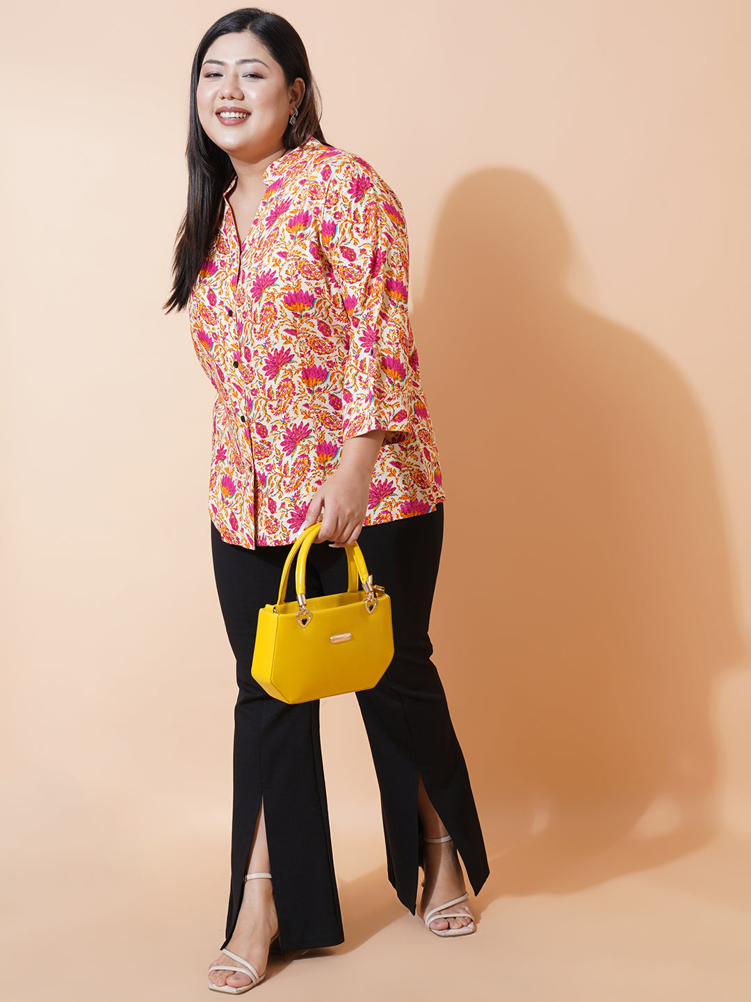 Women Plus Size Floral Printed Rayon Mandarin Collar Top