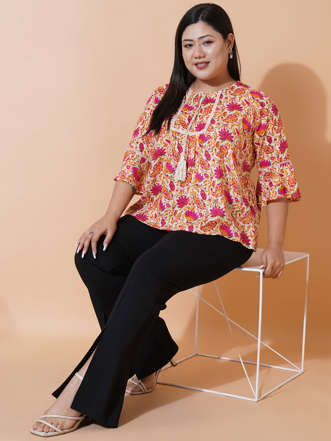Women Plus size Floral Printed Rayon tie-up neck A-Line Top