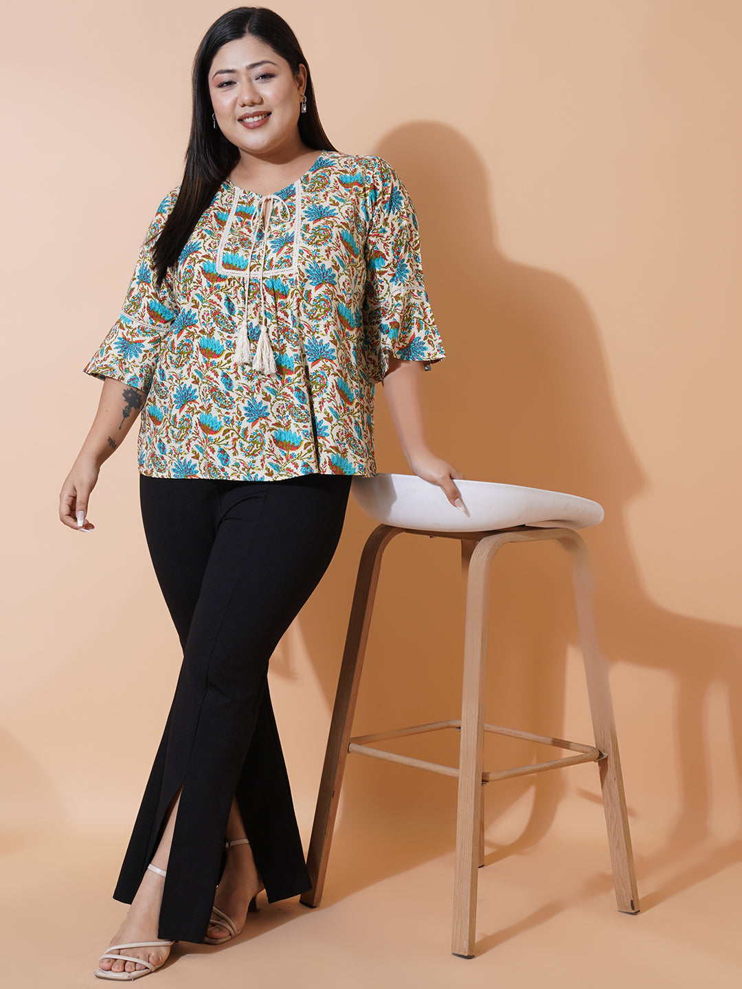 Women Plus size Floral Printed Rayon tie-up neck A-Line Top