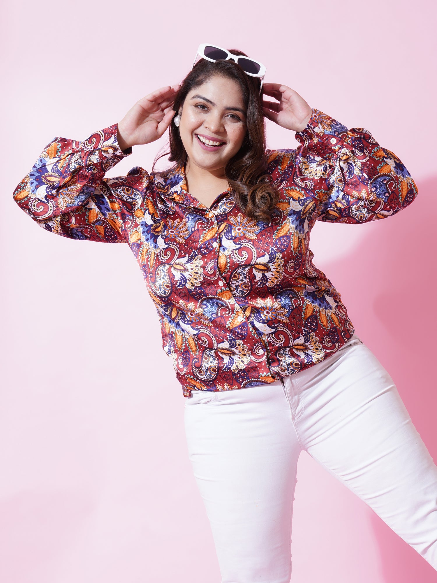 Women Plus Size Maroon Satin Printed Shirt Style Top