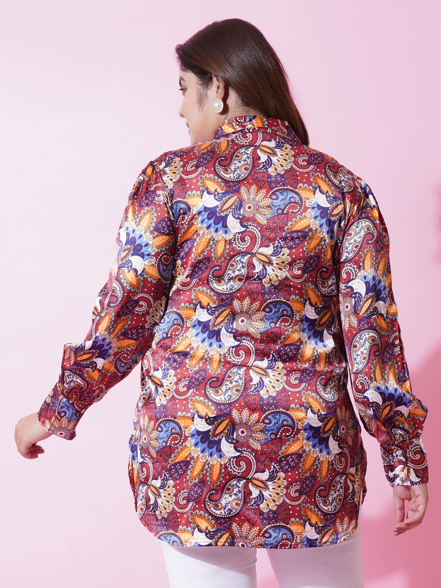 Women Plus Size Maroon Satin Printed Shirt Style Top