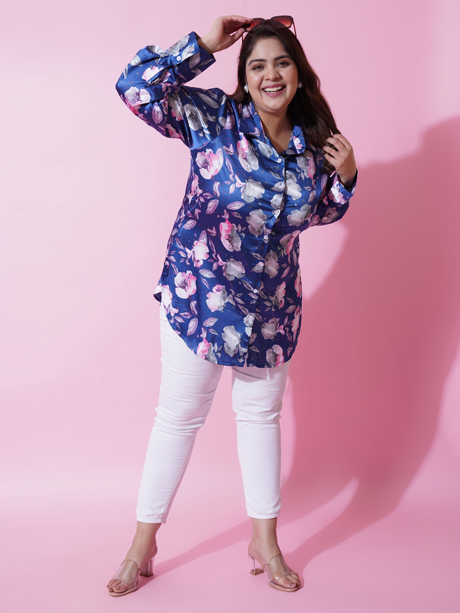 Women Plus Size Blue Satin Floral Printed Shirt Style Top