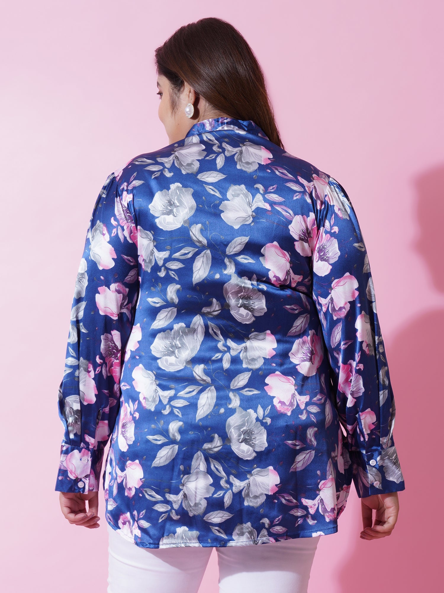 Women Plus Size Blue Satin Floral Printed Shirt Style Top