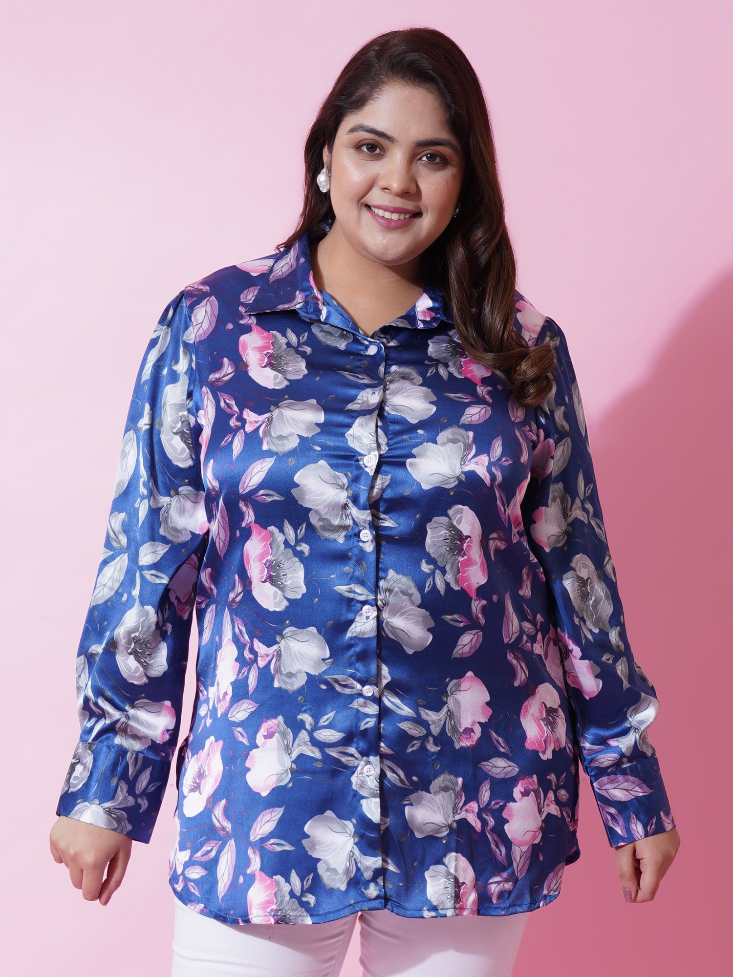 Women Plus Size Blue Satin Floral Printed Shirt Style Top