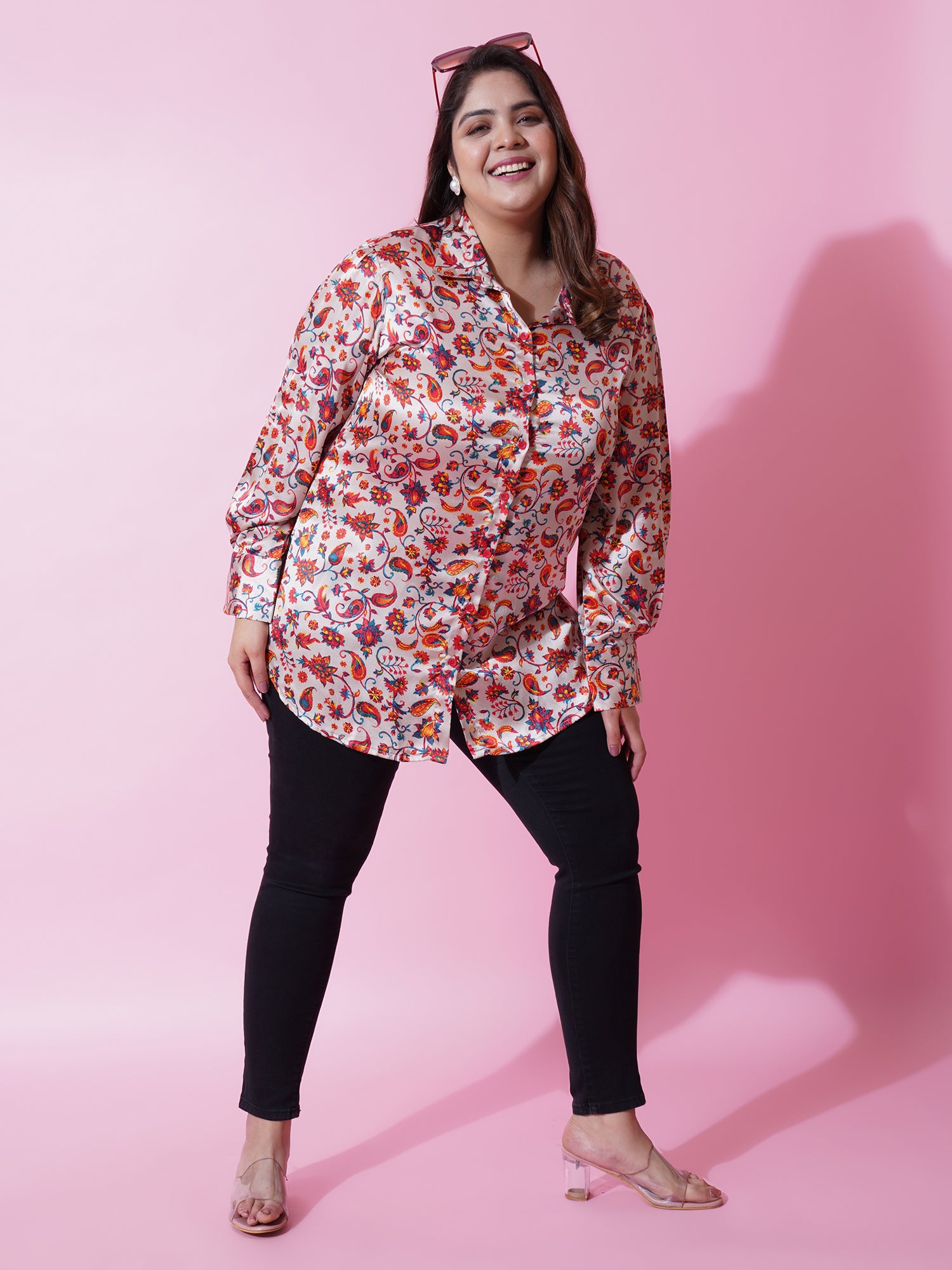 Women Plus Size Beige Satin Floral Printed Shirt Style Top