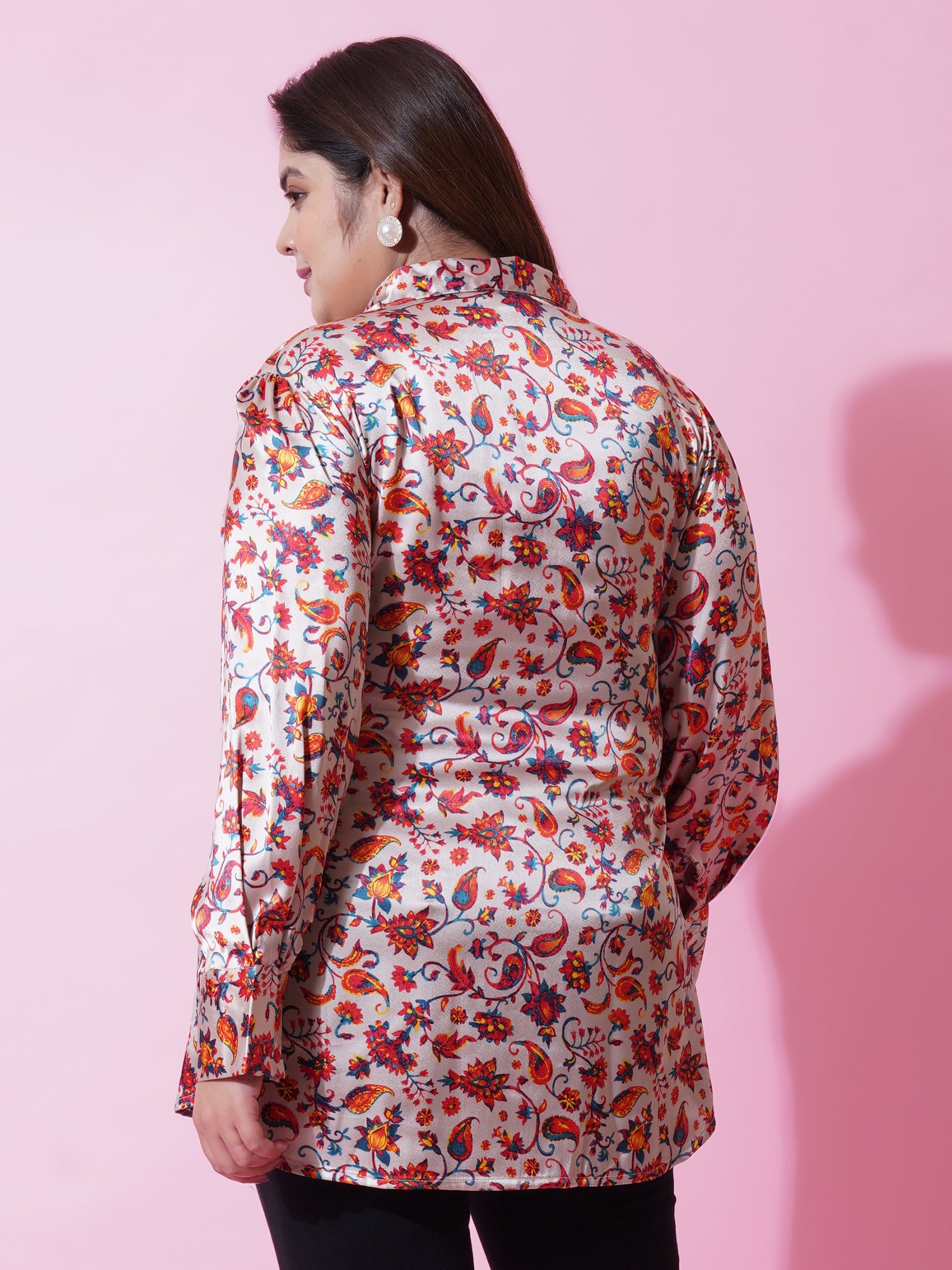 Women Plus Size Beige Satin Floral Printed Shirt Style Top