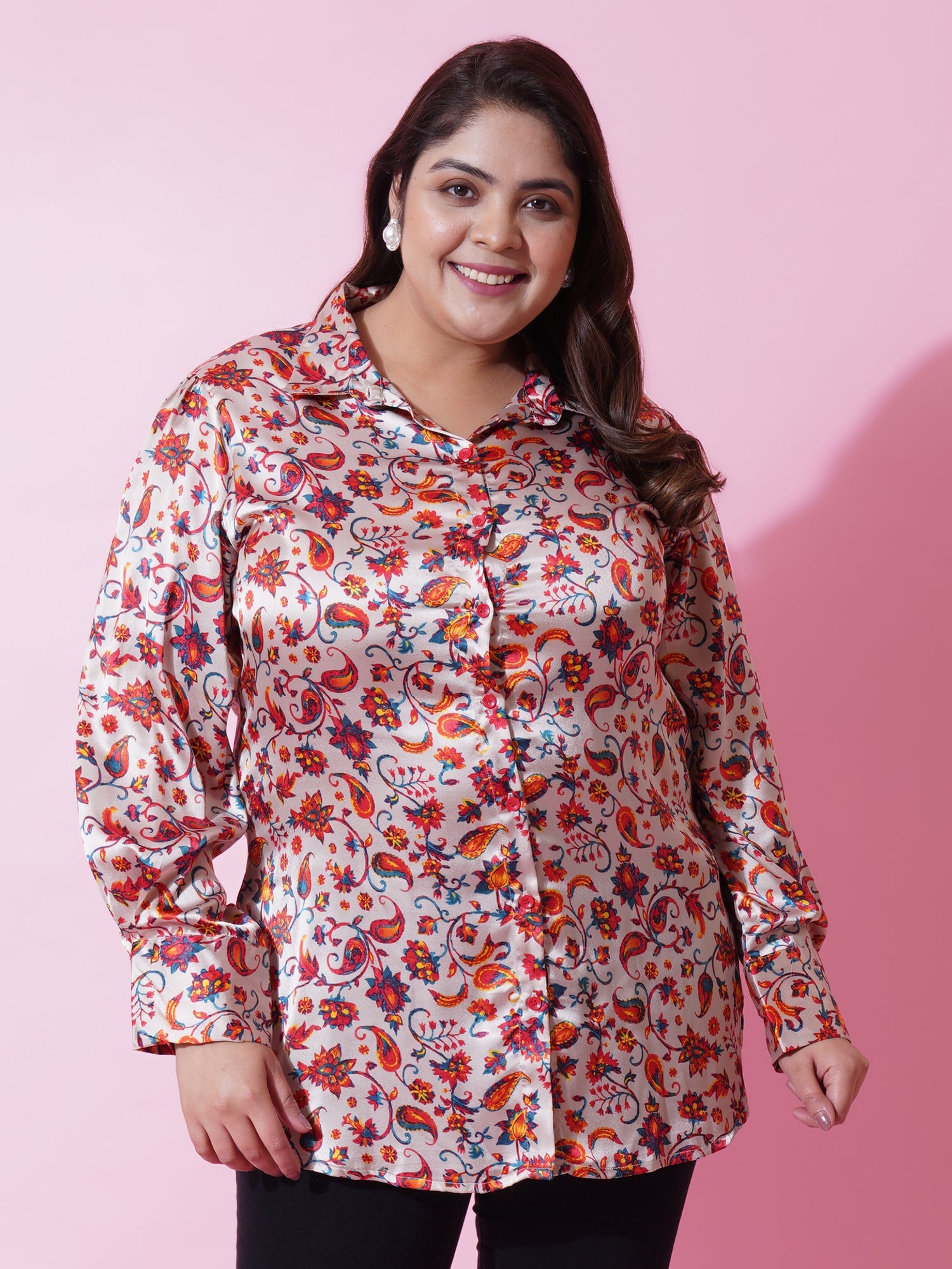 Women Plus Size Beige Satin Floral Printed Shirt Style Top