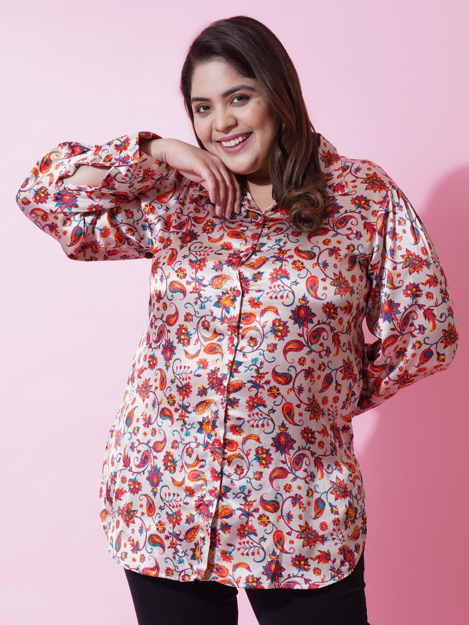 Women Plus Size Beige Satin Floral Printed Shirt Style Top